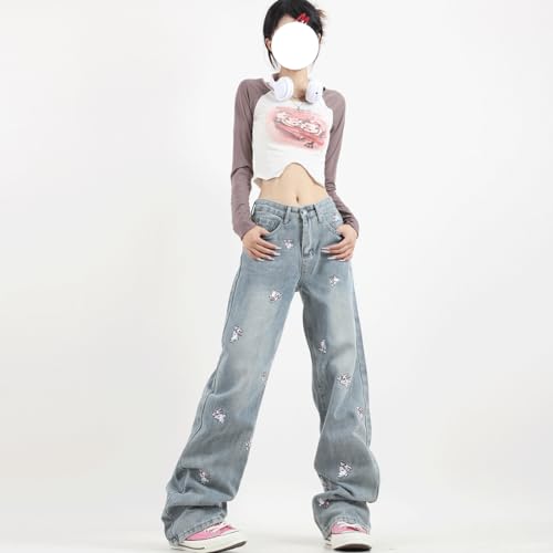 Harajuku Y2K Kawaii Gothic Casual Style Straight Wide Leg Vintage Embroidery Bunny Trim Jeans Pants for Women3