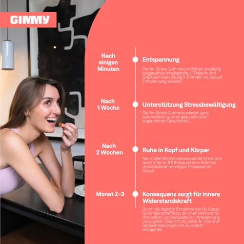 GIMMY No Stress Gummies – Nahrungsergänzungsmittel zur Stressreduktion mit Zitronenmelisse, L-Theanin, GABA und Folsäure (Vitamin B11). – Vegan, zuckerfrei und glutenfrei (60 Stück)