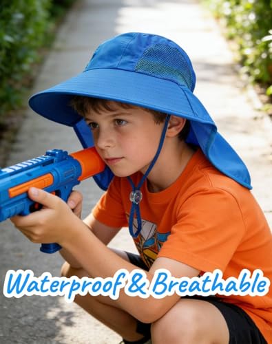 Image of Rosoz Kids Sun Hat with Neck Flap UV Protection Summer Toddler Beach Hat Unisex Ponytail Hat Wide Brim Fishing Hat