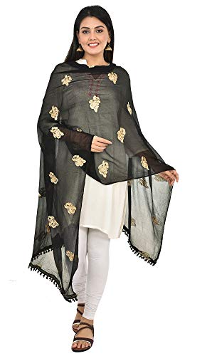 Image of YOUTHQUAKE Golden Patti Embroidered Work Chiffon Dupatta for Womens & Girls with Jaalar Lace