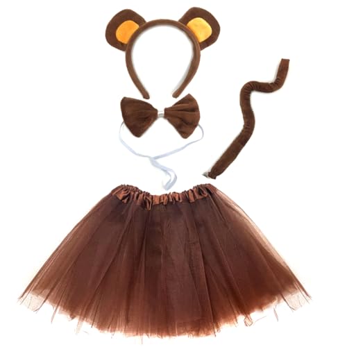Yxtwaeh 4 Pieces Monkey Costume Accessories Monkey Ear Headband Bow Tie Tail Tutu Skirt for Halloween Christmas Carnival Party Cosplay Brown