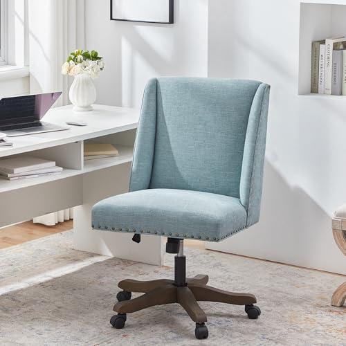 Zihanhome Armless Office Chair with Wooden Legs, Modern Adjustable Upholstered Home Office Desk Chair No Arms Sewing Chair Swivel Chair for Home Office Study Studio (Teal)