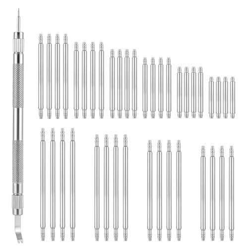41PCS Watch Band Repair Tool Kit, 1PCS 5.31 Inch Stainless Steel Watch Pin Tool with 40PCS Spring Bars (8mm-26mm), Watch Strap Replacement Kit for Watch Band Removal, Link Adjustment, Repair, Silver