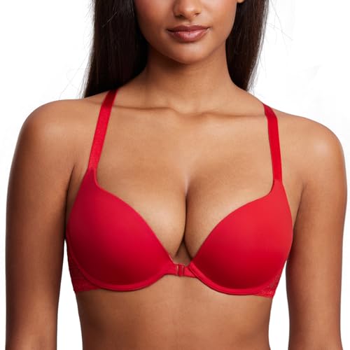 Image of DOBREVA Women's Push Up Bra Front Closure Racerback | Lace Back, Padded, Plunge, Tshirt, Cleavage, Sexy, Date, Soft, Everyday, Supportive