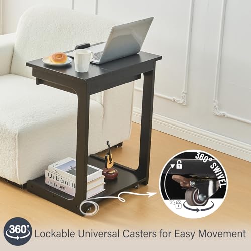 Image of Uniclinens C Shaped End Table for Couch, Rolling Side Table with Wheels Adjustable, Solid Wood TV Sofa Arm Eating Tray Table for Multi-Purpose, Small Coffee Table Living Room Bedroom, Black