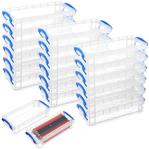 Image of Gueevin 12 Pcs Large Capacity Plastic Pencil Box Clear Plastic Pencil Case Crayon Box with Snap Tight Lid Watercolor Pen Storage Brush Organizer Drawing Tools Container (Blue)