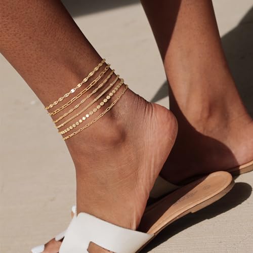 Tewiky Waterproof Ankle Bracelets for Women, 14K Real Gold Plated Anklets for Women 6PCS Anklet Set Dainty Summer Beach Jewelry3