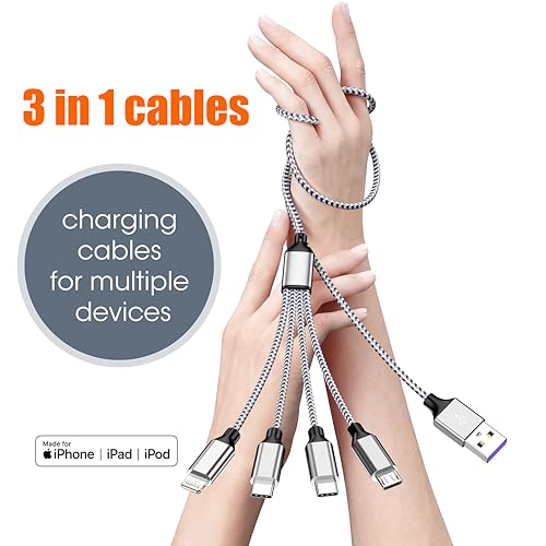 Multi Charging Cable 4ft 2Pack, Doub Tyep-C 4 in 1 Charging cable Nylon Braided Lightning iPhone Charger,Universal Charger Phone Cord With Type-C,Micro USB,IP Port for iPhone17-5/Android -Silver White — view 2