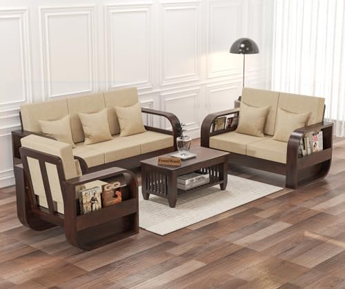 Image of Sheesham Wood 6-Seater Sofa Set for Living Room - Solid Wooden Couch with Cream Cushions, 40 Density Foam, Walnut Finish - Comfortable Sofa for Home & Office