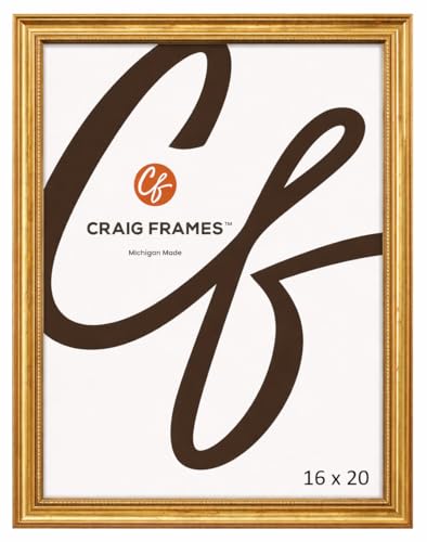 Craig Frames 16x20 Ornate Gold Picture Frame – Traditional Thin Wood Design with Plexiglass & Backing, Includes Hanging Hardware, Style 314GD