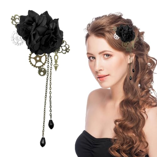 1 pince à cheveux steampunk avec chaîne à pampilles noires en forme de rose - En métal - Style steampunk - Style gothique - Pour Halloween, cosplay