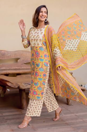 Image of MIRCHI FASHION Women's Straight Fit Pure Cotton Embellished Floral Printed Kurta Set with Dupatta and Trouser