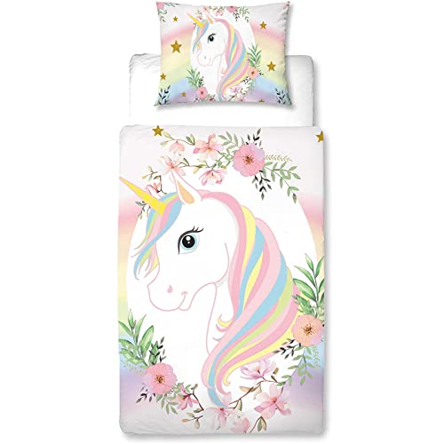 MUSOLEI Housse de Couette 135x200cm Enfant, Licorne Rose 3D Motif Imprimé Parure de Lit 1 Personne en Microfibre avec Fermeture Éclai pour Fille avec Taie d'oreiller（65x65cm）