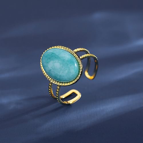 18K Gold Plated Fashion Statement Ring Oval Cut Natural Bohemian Turquoise Band Wedding Anniversary Ring Gift. Opening Adjustable Size 5-103