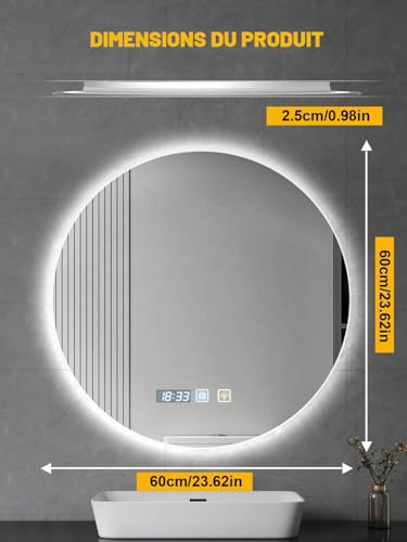 Miroir antibuée rond LED 60 cm avec éclairage 3 couleurs variable - 4