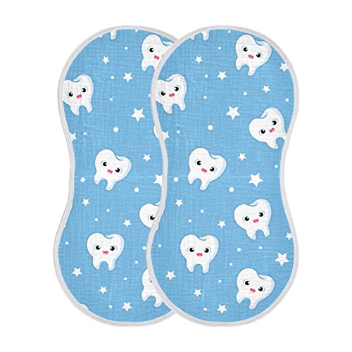 Tooth Pattern Cute Teeth Star On Blue Muslin Burp Cloths for Baby 2 Pack 100% Cotton Baby Washcloths Bibs for Boy Girl