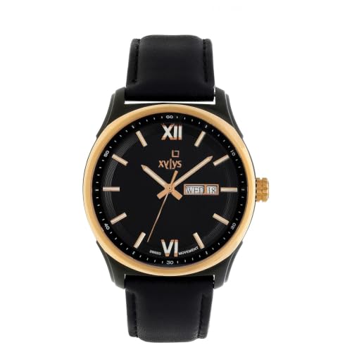 Image of Xylys Quartz Black Round Dial Men Analog with Day and Date Watch | Leather Material | Water Resistant Watch | Watches for Man - NT40023KL02E