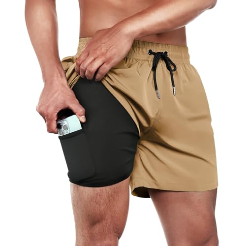 ineepor Herren Badehose mit Kompression 2in1 Board Shorts mit...