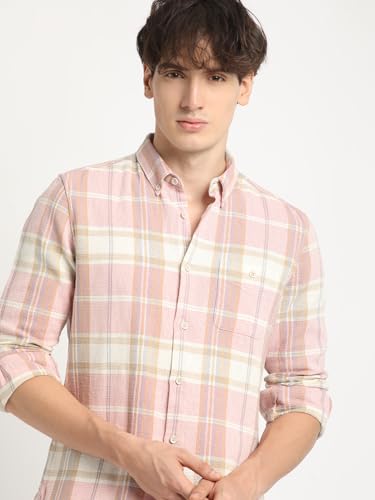 Image of THE BEAR HOUSE Men's Slim Fit Tartan Checked Button-Down Collar Oxford Weave Cotton Casual Shirt