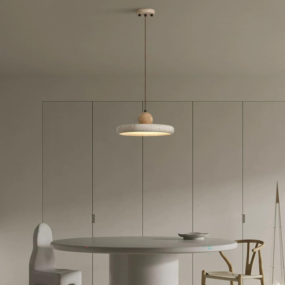 Moderne Pendelleuchte aus Rundstein, Hängelampe Flach in Gelbem Travertin für Küche oder Schlafzimmer Kronleuchter LED Dimmbar(Stepless,30cm/11.81in)