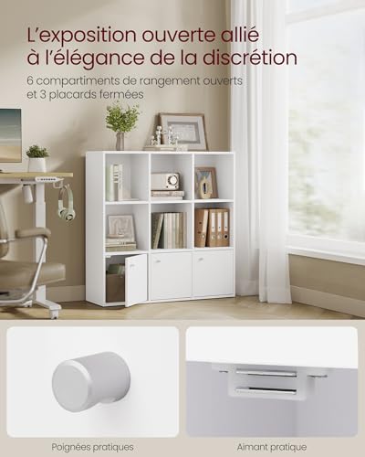 VASAGLE Bibliothèque, Étagère sur 3 Niveaux, Meuble de Rangement, avec 3 Placards en Bas, 29 x 97,5 x 97,5 cm, pour Salon, Bureau, Salle à Manger, Blanc Nuage LBC33WT – Image 6