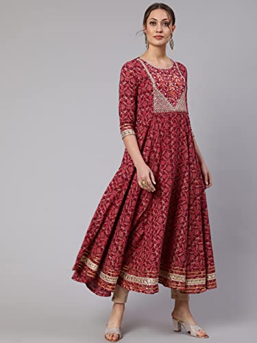 Image of Women Cotton Embroidered Printed Round Neck 3 /4 Sleeve Flared Kurta