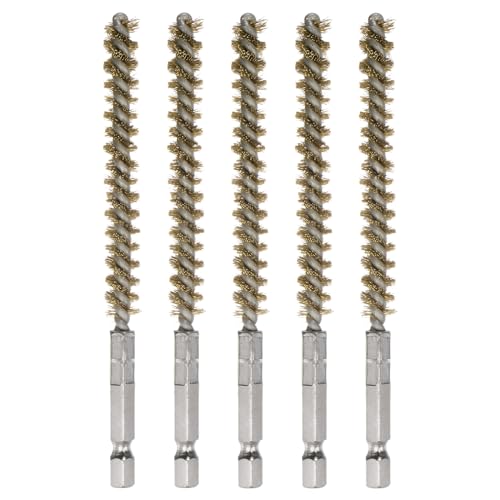 sourcing map 5Pcs Bore Brush Brass 8mm Dia Cleaning Twisted Bronze Wire Brush Tube Pipe Cleaner with Handle 1/4 Inch Hex Shank for Tubes, Ports, Bearings