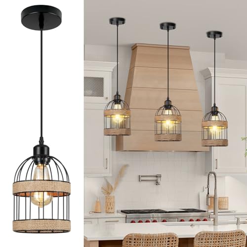SERBASIC Hanfseil Hängelampe Boho E27,Industrie Pendelleuchte Vintage mit Eisenkäfig,Schwarze Hängeleuchte Esstisch für Küche Wohnzimmer Schlafzimmer Bar