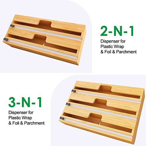 Foto von Folienspender mit Cutter, 3 in 1 Bambus Folienschneider, Frischhaltefolie Abroller Folienspender, Folienabroller, Kitchen Organizer Aufbewahrung für Aluminiumfolie, Frischhaltefolie