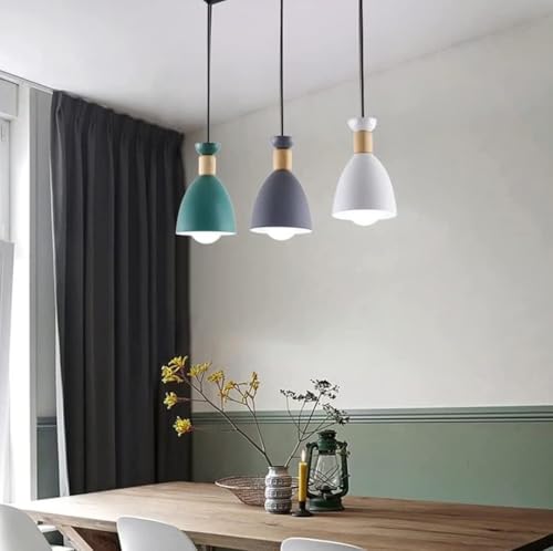 Image of DECOHOME Modern 3-Light Pendant Ceiling Lamp | Minimalist Multi-Color Hanging Lights with Wooden Accent | Stylish Linear Design for Dining Table, Kitchen Island & Living Room Decor