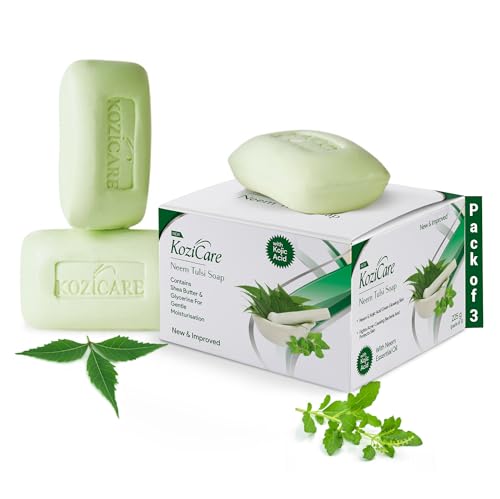 Kozicare Neem Tulsi Soap with Kojic Acid Pack of 3 - Detan Bathing Bar for Glowing Skin - Brightening Cleansing Bar for Men and Women All Skin Types
