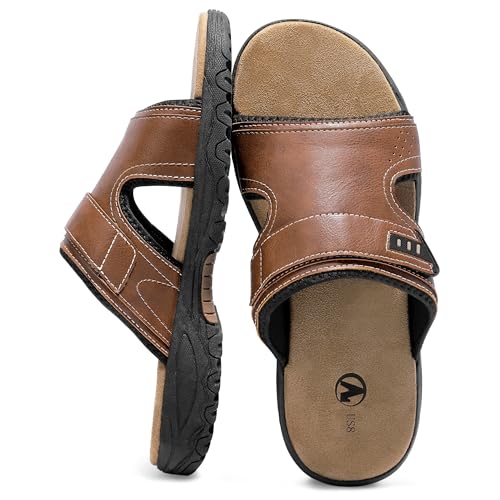 MIXIN Mens Slide Sandals Casual Slip On Beach Sandals with Adjustable Strap for Summer Brown Size 10