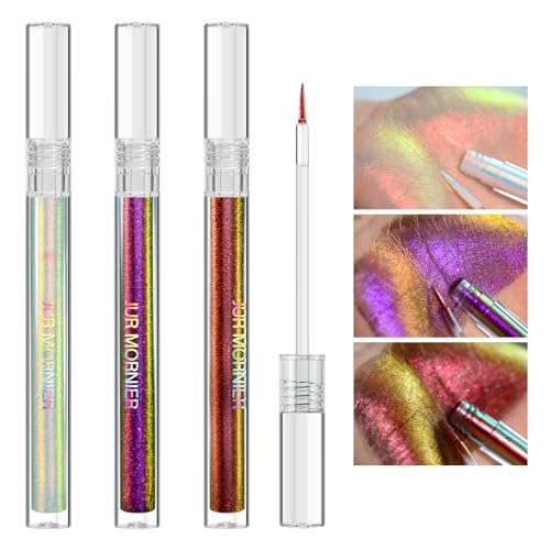 JUR MORNIER Multichrome Liquid Eyeshadow Set,3 Colors Multi-Dimensional Eye Liner Makeup,High Pigment Waterproof Metallic Eye Shadow,Ultre Fine Tip Glitter Eyeshadow (101+102+103)