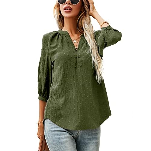 LOMON Women's Casual 3/4 Sleeve Henley V-Neck Button Up Pleated Back Blouses Swiss Dot Blouse Tops T-Shirts S-XXL XX-Large Army Green-3/4 Sleeve Blouse