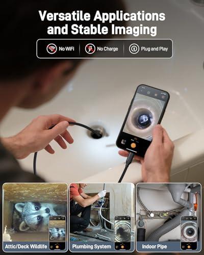 Image of Anykit Endoscope Camera with Light, 1920P HD Borescope with 8 Adjustable LED Lights, Semi-Rigid Snake Camera with Light, IP67 Waterproof Inspection Cam for iPhone & Android, 16.5 ft Single Lens