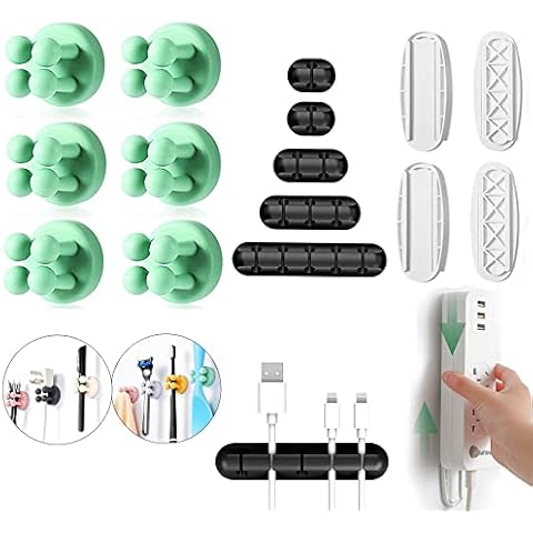 Defrko 6 Pcs Green Hooks Toothbrush Holders Hanging Key Clothes for Home Office Kitchen Bathroom - 5 Pcs Cable Clips - 2 Pcs Self Adhesive Power Strip Holder Cable Management Organizer Cover