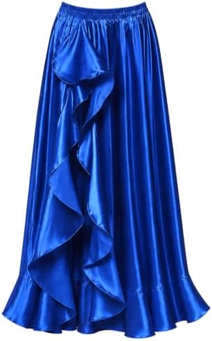 MUNAFIE Satin Belly Dance Skirt for Women, Ruffle Split-Side Maxi
