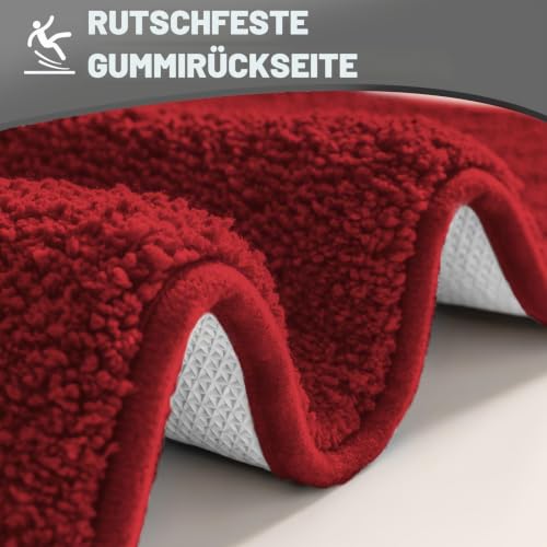 wyewye Mikrofaser-Badematten, 2 cm super dicke Badteppiche, super saugfähige Badezimmerteppiche 50x80 cm und 50x50 cm U-Form, Rot – Ansicht 3