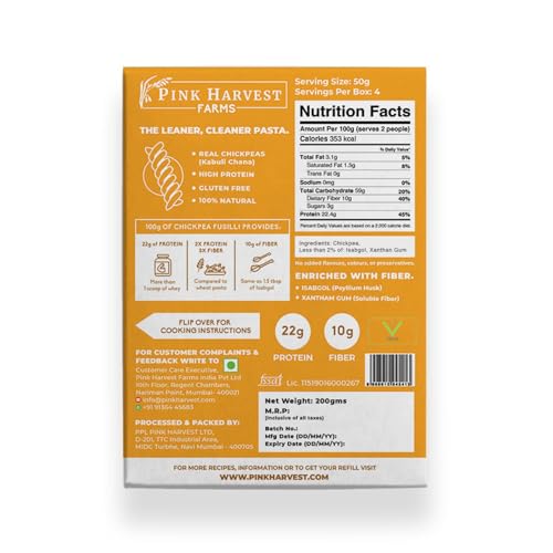 Image of Pink Harvest Farms Chickpea Pasta | No Rice - No Maida | Vegan | Gluten Free | High Protein | (Chickpea Fusilli Pasta, 200 g (Pack of 1))