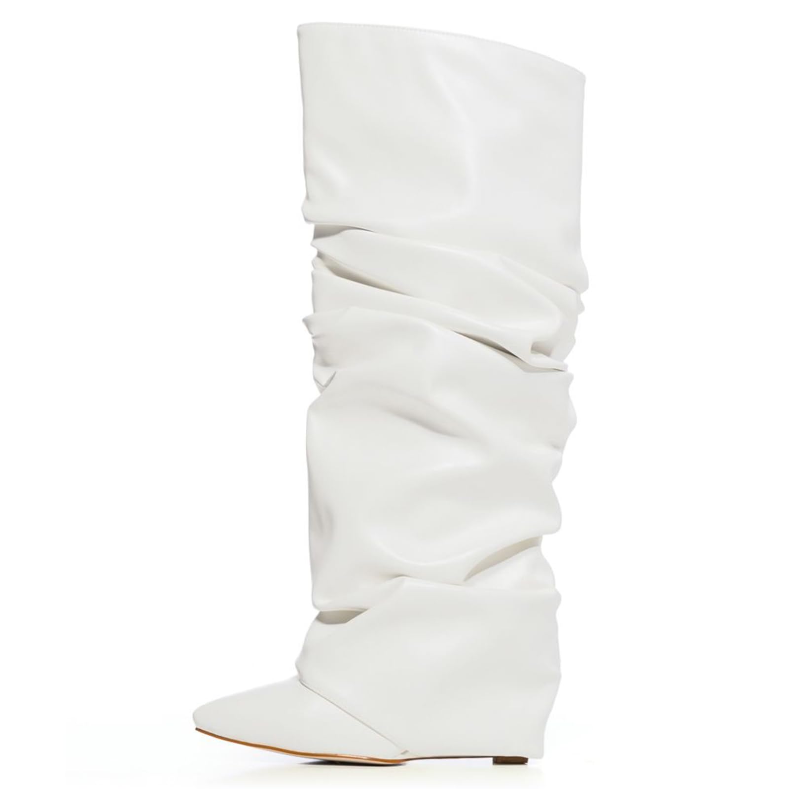Yishaweiqi Slouched Ruched Fold Over Boots for Women Covered Wedge Heel Patent Leather Knee High Boots Wide Calf