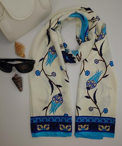 MutluHan Turkish Scarf - 100% Silk Tulip Design | Navy Blue Turquoise | Luxurious and Comfortable Women’s Scarf, Perfect for Gifts and Special Occasions, Suitable for Daily, Evening and Office Wear4