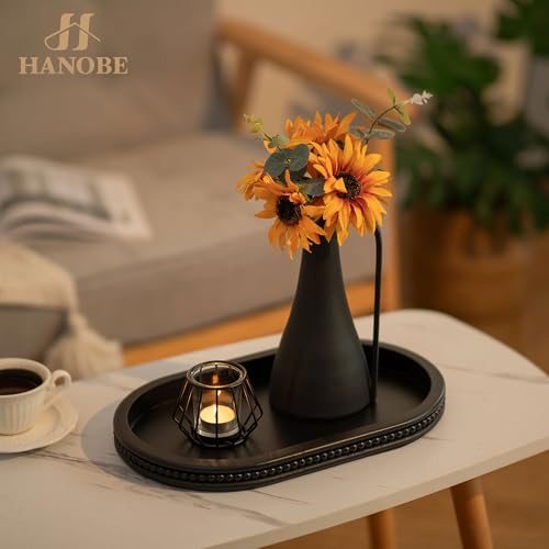 Hanobe Serving Wooden Decorative Tray: Black Beaded Oval Coffe Table Tray for Centerpiece Decor - Image 4