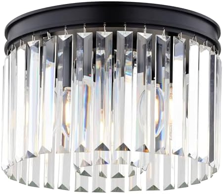 VAXCEL Allerton 3-Light 12 in. Wide Matte Black Modern Glam Drum Flush Mount Lighting Fixture, Clear Crystal Prisms Shade, LED Compatible, for Low Ceilings, Bedroom, Hallway, Kitchen