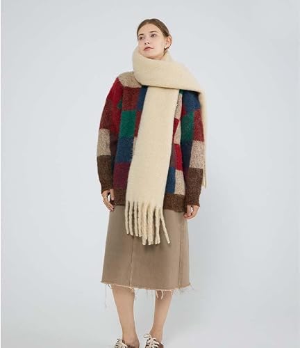 MININAI Women Cashmere Feel Scarf, Soft Warm Winter Scarf for Cold Weather, Christmas Blanket Scarves Pashmina Shawl Wrap (Beige) - Thumbnail 5