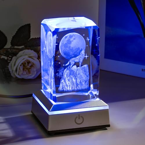 Image of 3D Wolf Crystal Night Light with Multicolor LED Base Glass Laser Engraved Wolf Figurines Statue Gifts for Boys Girls Birthday Christmas Room Decor