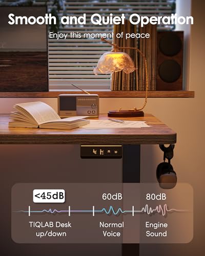 Image of TIQLAB Height Adjustable Electric Standing Desk, 40 x 24 inch, Sit Stand Up Desk, Splice Board, Computer Home Office Desk, Rustic Brown Top