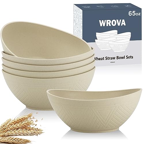 Wrova 65oz Big Wheat Straw Bowls - Large Salad Bowls set of 6 - Unbreakable Serving Bowl Sets - Microwave & Dishwasher Safe Bowl Sets for Cereal,Salad,Fruit - Beige