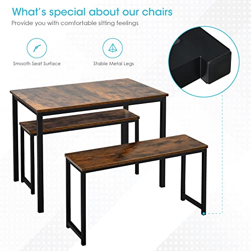 Costway 3 Pcs Dining Table Set For 4, Rectangular Kitchen Table With 2 Benches, Industrial Counter Height Table Set With Anti-Slip Pads, Heavy Duty Steel Frame For Dining Room, Kitchen, Bar (Coffee) #TOP3