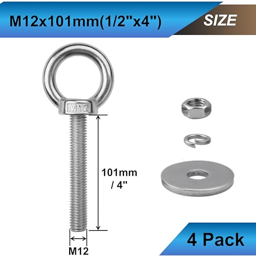 Image of 4 Pack M12 Eye Bolts with Nuts, 304 Stainless Steel 1 /2 inch x 4 inch Heavy Duty Lifting Eye Bolts, Metric M12x102mm Ring Eye Bolt for Hanging, Tie Down, Outdoor & Hardware Fixing (4, 1 /2 inchx4 inch)