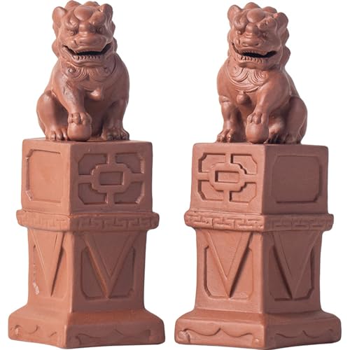 Statues de Lion du Temple Fu en argile Zisha, artisanat d'art marron WHSY127
